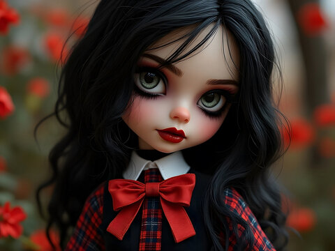 Cute dollcore style doll in red and black uniform with soft focus field of flowers in background