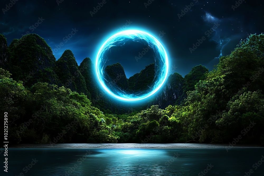 Poster fantasy artwork of a glowing orb of light floating above a serene forest, symbolizing the transcende