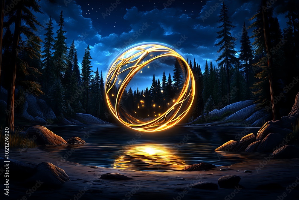 Poster fantasy artwork of a glowing orb of light floating above a serene forest, symbolizing the transcende