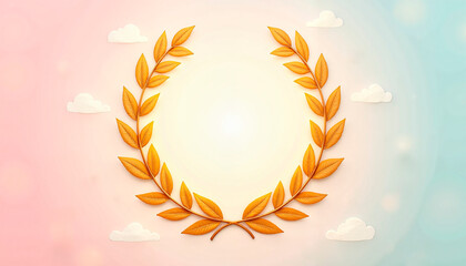 Elegant golden laurel wreath in 3D style on pastel gradient sky background with copy space