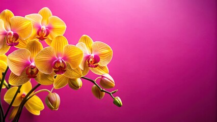 Fototapeta premium A cluster of yellow orchids with pink centers blossoms against a vibrant magenta backdrop, creating a captivating visual symphony.