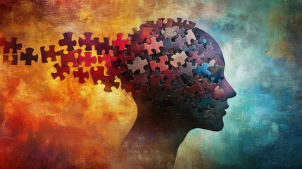 An abstract illustration of a human head filled with jumbled puzzle pieces, symbolizing conflicting thoughts and mental manipulation, set against a vibrant backdrop.
