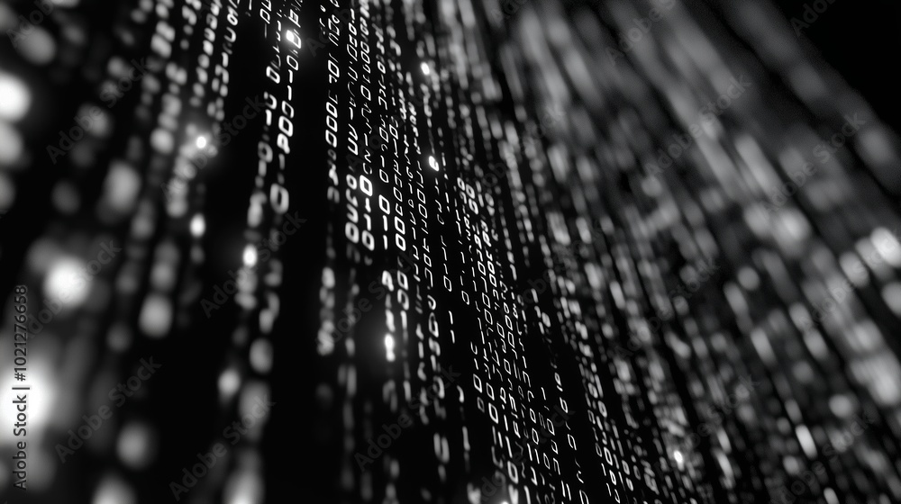 Poster Abstract representation of binary data flowing in a digital environment with a black background at a high angle view