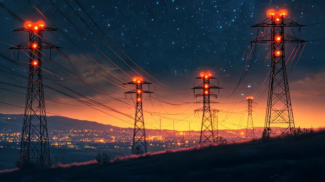 Electricity transmission towers with orange glowing wires the starry night sky. Energy infrastructure concept, energy, electricity, voltage, supply