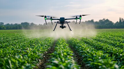 Drone soaring above vibrant green fields precisely spraying fertilizer showcasing innovation in contemporary agriculture