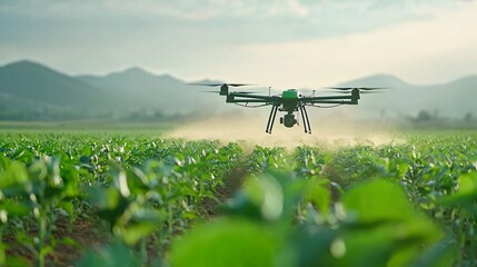 High-Tech Drone Fertilizing Lush Crops - Merging Sustainability with Modern Agriculture in a Picturesque Rural Landscape