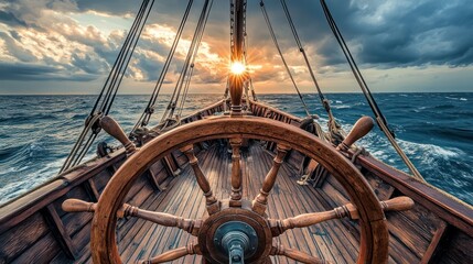 Vintage sailing ship at sea during sunset, navigating through rough waters.