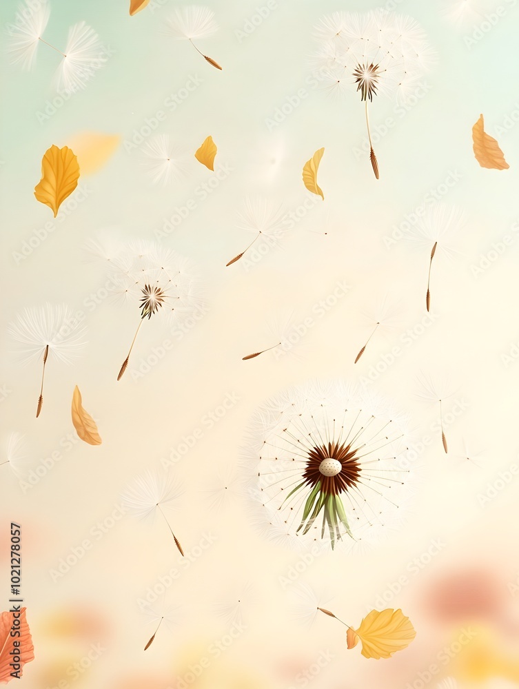 Poster whimsical pastel background with floating dandelion seeds and a playful breeze delicate dandelion fl