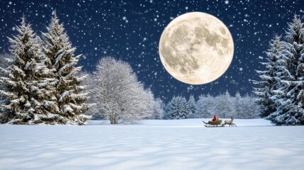 Fototapeta premium Under a glowing full moon, soft snowflakes fall on a tranquil winter landscape, while Santa's sleigh glides across the starry sky above dark tree silhouettes