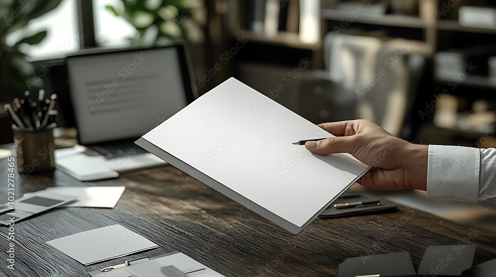 Aufkleber a person holds a blank notebook in an office setting, surrounded by modern stationery and greenery, 