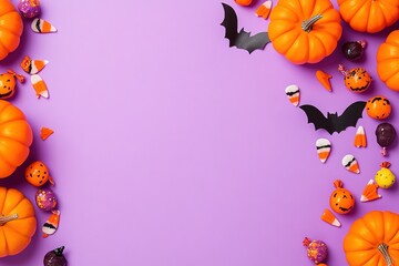 Fototapeta premium Halloween background with spooky pumpkins, candy, and bats on a purple background with copy space. Flat lay view of Halloween candy for Halloween party decoration design
