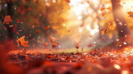 Autumn Leaves Falling in Golden Light - Nature Photography