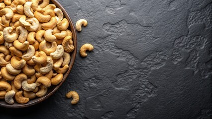 A bowl of cashew nuts on a black slate surface, a rustic and natural backdrop for a healthy snack