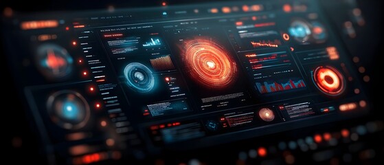Futuristic Dashboard Advanced Computer Systems and Generative Capabilities Blend to Present a Striking Immersive Digital Data Display with Dynamic Three Dimensional Infographics and Responsive