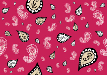 The paisley pattern in the image features intricate motifs with white outlines and contrasting colors on a pink background. The random arrangement creates a dynamic and visually striking design.