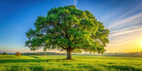 Fototapeta premium A majestic solitary tree stands tall in a lush green field, bathed in the warm glow of a golden sunset, creating a serene and captivating landscape.