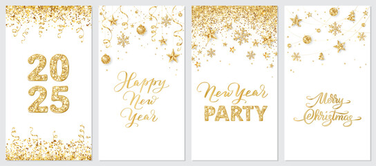 Collection of holiday cards. Golden glitter decoration. Confetti with ribbons, Christmas ornaments. Merry Christmas calligraphy. 2025 party typography. Great for social media posts, stories, events.