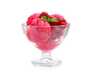 Delicious raspberry sorbet, mint and fresh berries isolated on white