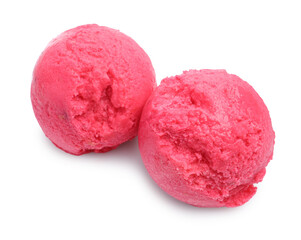 Scoop of delicious sorbet isolated on white, top view