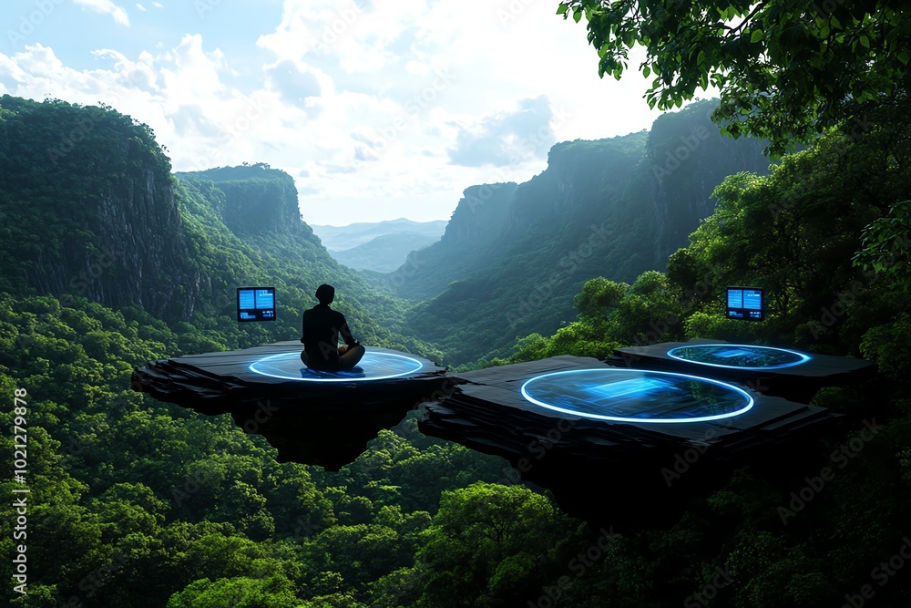 Poster fantasy depiction of workers using floating holographic screens in a mystical forest, combining natu