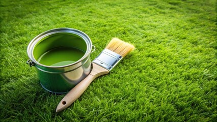 Fototapeta premium A paintbrush lays beside an open can of green paint on a lush green lawn.