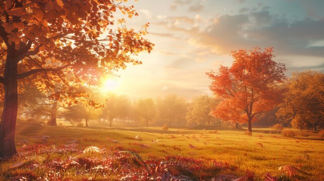 Autumn Landscape with Golden Hour Sunlight and Maple Trees