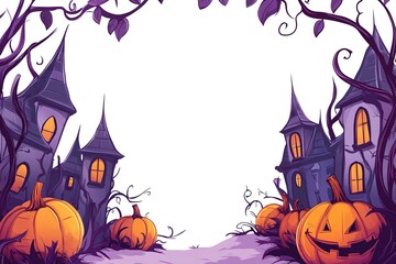 A cute cartoon illustration of Halloween pumpkins, purple vines, and spooky trees bordering a blank space in the middle for writing text, on a white background, in a cute style