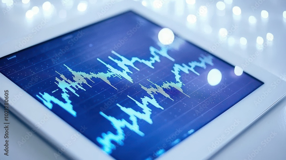 Poster digital tablet displaying stock market chart data