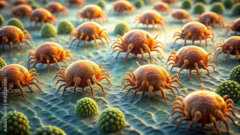 Poster close-up image of mites on surface showing detailed texture and structure of these tiny creatures