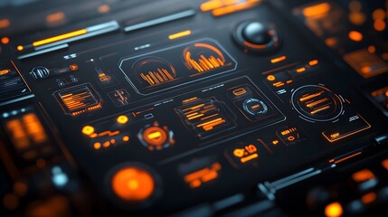 Obraz premium Striking futuristic digital data display featuring a sleek and holographic user interface with dynamic visualizations cutting edge technology GUI for game scene design