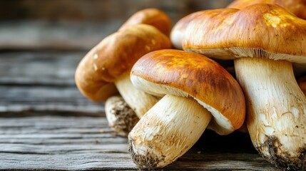 Detailed close-up of wild mushrooms, arranged on a natural wooden surface with soft light. Includes copy space for text in the background.