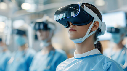Medical students wearing VR headsets for immersive training in a healthcare setting, showcasing the use of virtual reality for education and advanced medical practices.