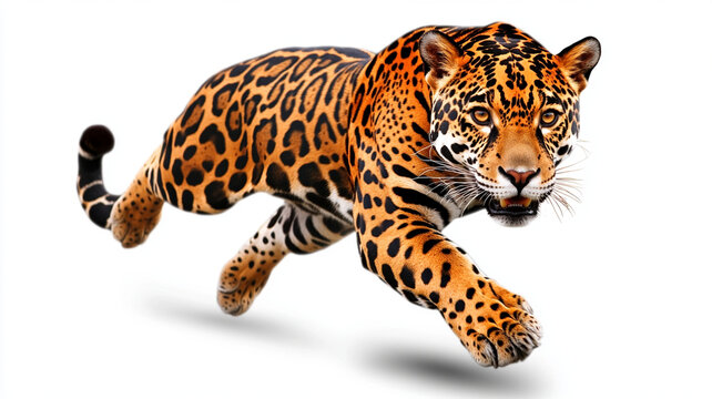 jaguar with distinctive rosette pattern leaps gracefully, showcasing its strength and agility