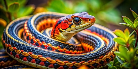 Fototapeta premium Close-Up Images of Garden Snakes in Natural Habitat Showcasing Their Unique Patterns and Colors