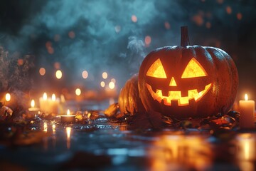 Obraz premium Halloween pumpkins and candles on a wooden table against a dark background with fog