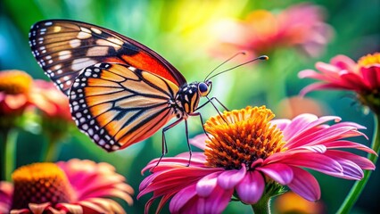 Close-up of a butterfly proboscis extracting nectar from a vibrant flower in a lush garden setting