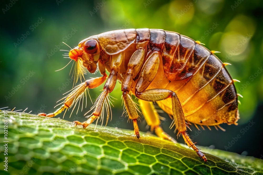 Poster close-up of a flea on a leaf highlighting its unique features and intricate body structure