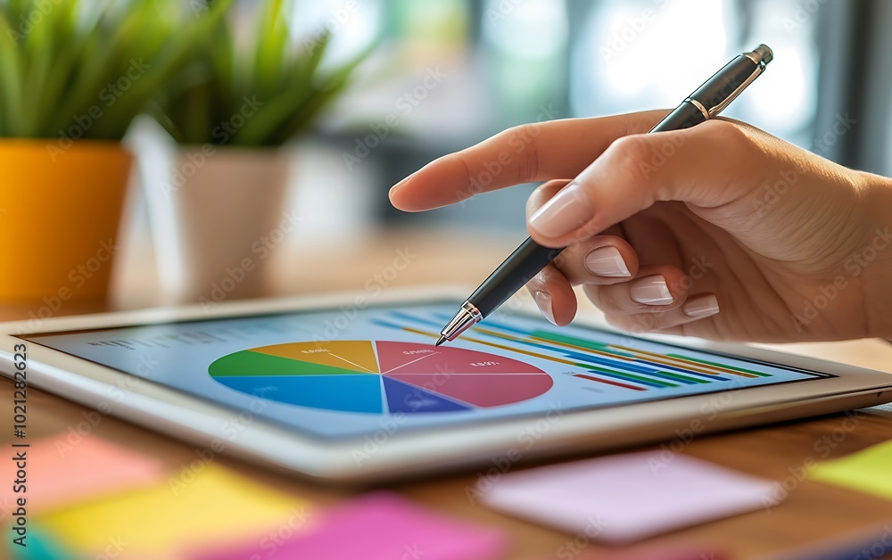 Poster A hand holds a pen over a tablet displaying a colorful pie chart, surrounded by sticky notes and a potted plant on a wooden table.