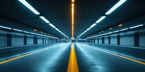Obraz premium Empty Underpass with Fluorescent Lights and Yellow Lines