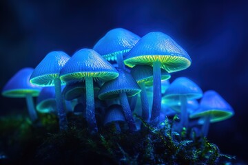 Fototapeta premium A group of glowing mushrooms, illuminated in the dark, with blue and green hues. High quality