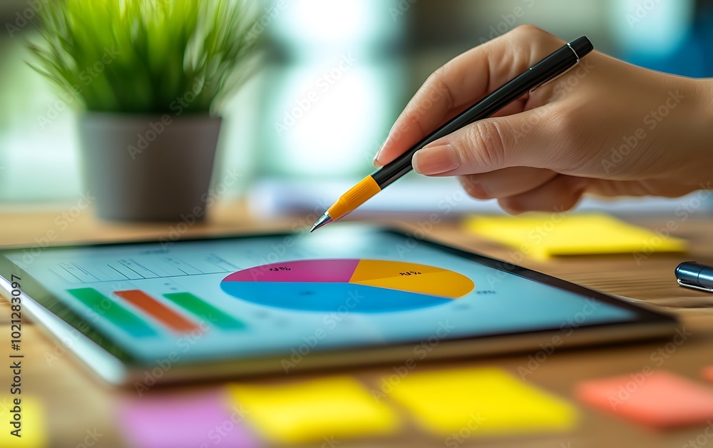 Poster a hand holding a pen analyzes colorful charts on a tablet, surrounded by sticky notes and a small pl