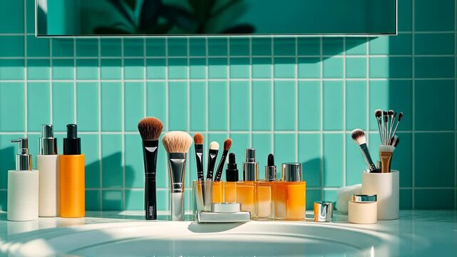 A bathroom sink with a variety of makeup brushes and bottles on the counter