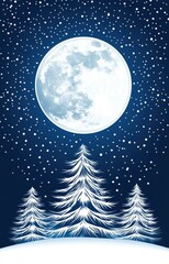 Fototapeta premium Under a glowing full moon, soft snowflakes fall on a tranquil winter landscape, while Santa's sleigh glides across the starry sky above dark tree silhouettes.