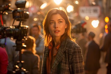 Smiling female film producer captured on a film set