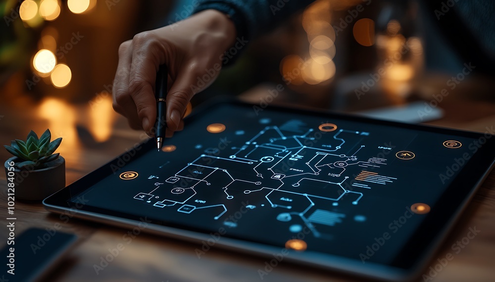 Poster A person draws on a digital tablet displaying a complex network design, illuminated by warm ambient light in a cozy setting.