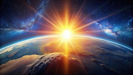 A breathtaking view of Earth rising from the darkness of space, bathed in the golden rays of a celestial sunrise with a backdrop of twinkling stars and swirling nebulae.