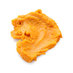 Delicious mashed sweet potatoes isolated on white