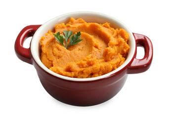 Delicious mashed sweet potatoes with parsley in pot isolated on white