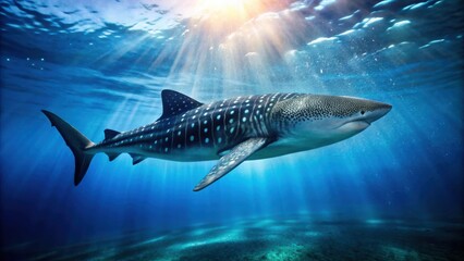 Naklejka premium A Whale Shark Swims Through the Ocean Sunlight, Spotted with White Dots, Silhouetted Against the Blue Water