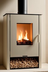 Wood pellet stove featuring clear window showcasing burning pellets for ambiance as well as warmth.
